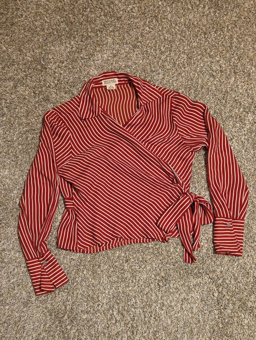 MICHAEL KORS 100% Silk Red and White Striped Wrap Blouse
